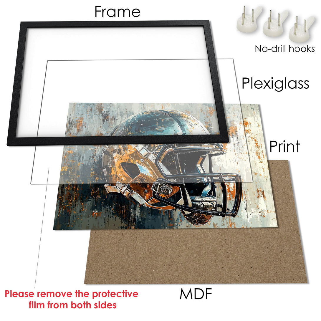 Framed Poster of a football helmet. Abstract style with a gray, orange, and black color palette. Perfect wall art for any space.