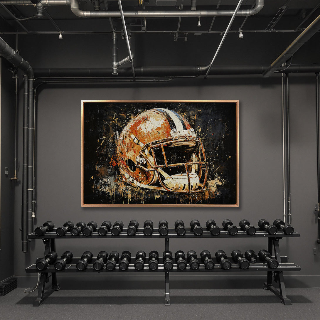 Framed Wall Art: Abstract football helmet in a modern gym. Bold orange, black, and white color palette. Perfect for sports fans!