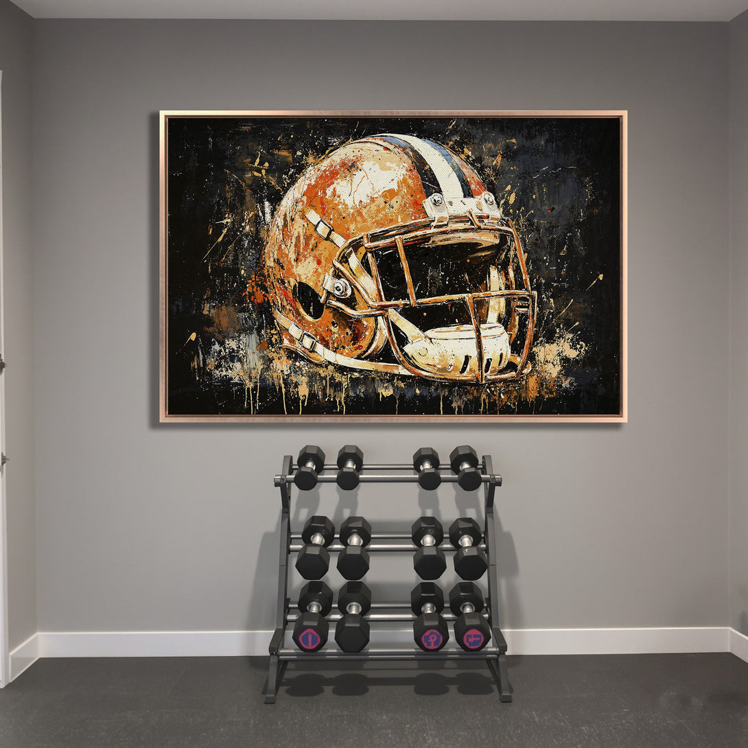 Framed Wall Art: Abstract football helmet art in orange & black. Modern Canvas Print adds a bold statement to any space. Shop now!