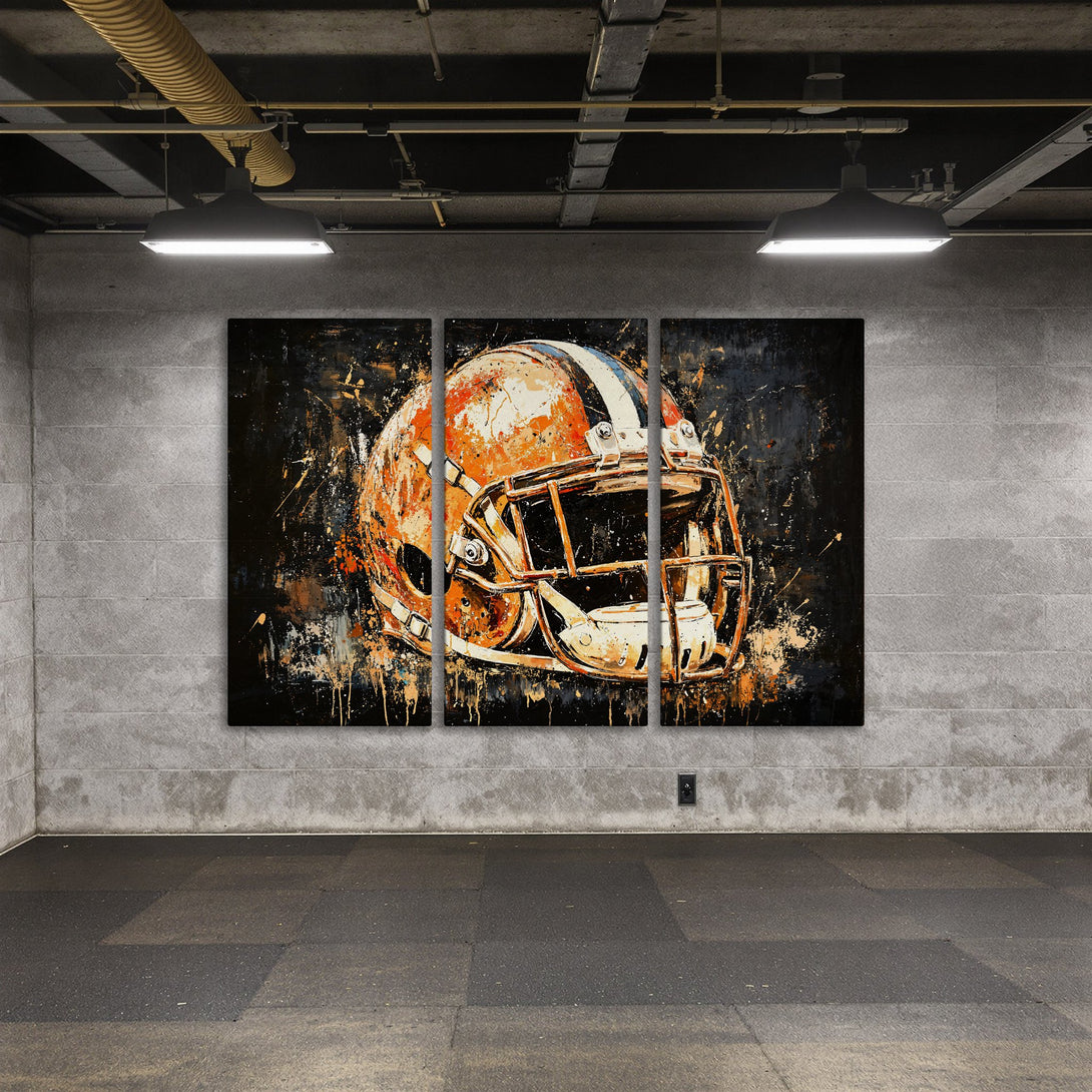 Abstract Canvas Print of a football helmet in orange, black, and white. Industrial style art for your home or office.