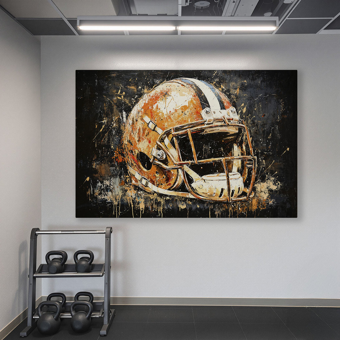 Framed Wall Art: Abstract football helmet canvas print in a gym setting. Features orange, black, and white color palette, perfect for sports decor.