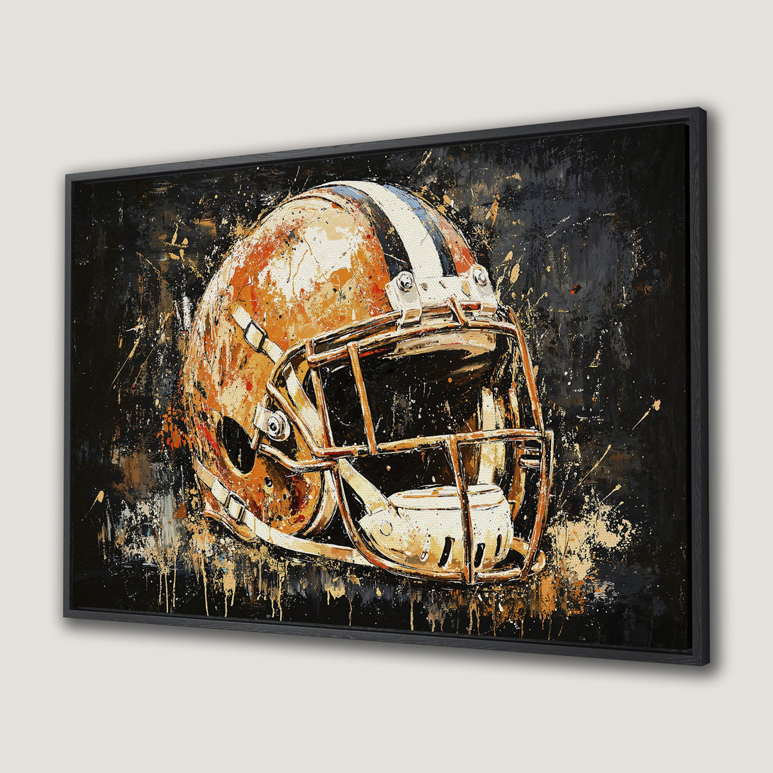 Framed Wall Art: Abstract football helmet in orange, black, and white. Modern art style with a dynamic, splashy color palette. Perfect for sports fans!