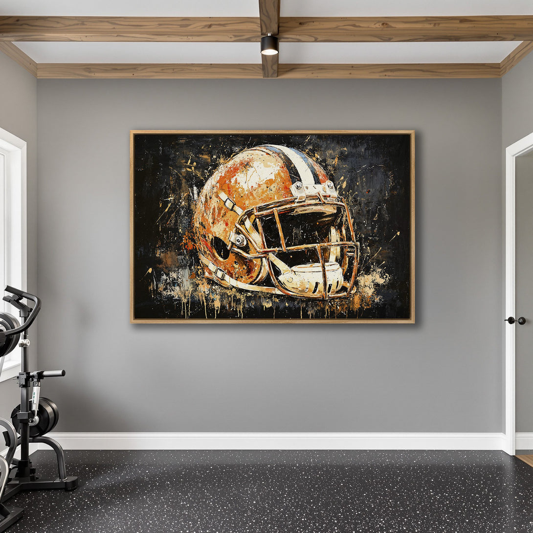 Framed Wall Art: Abstract football helmet art in orange, black, and white. Modern decor for your home gym. Enhance your space with this canvas print!