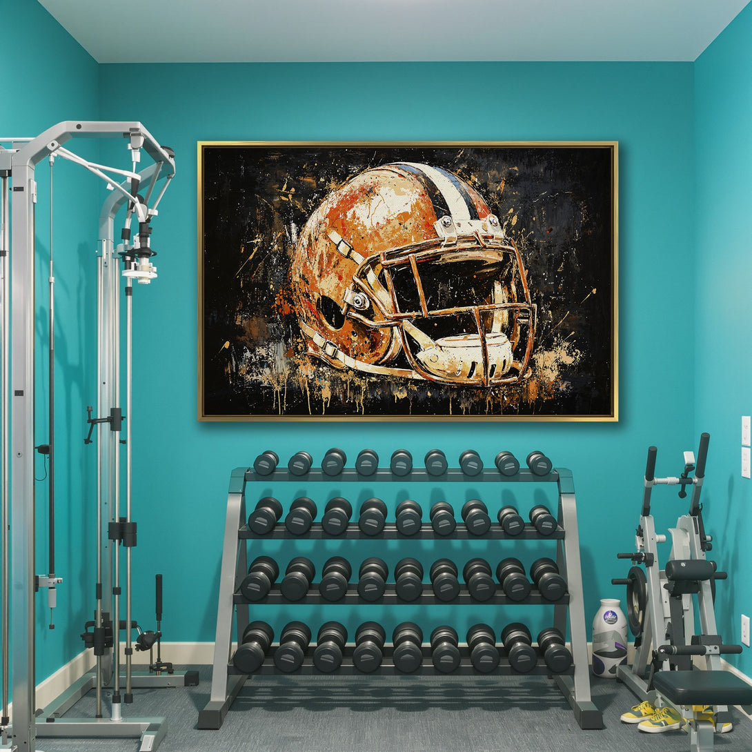 Abstract Canvas Print of a football helmet in orange and black. Modern art style, perfect for a gym or sports-themed space.