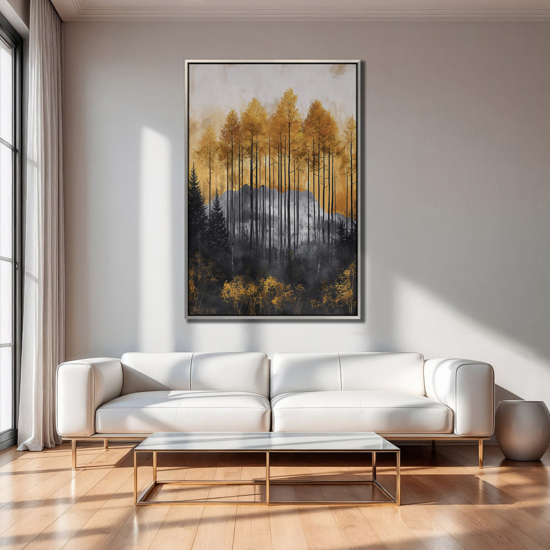 Framed Wall Art: Abstract forest scene in gold, black, and gray. Modern canvas print for living room decor.