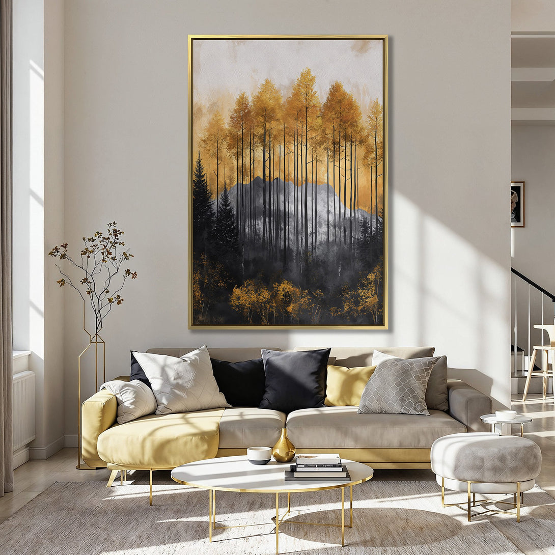 Canvas Print of a stylized forest scene in warm gold, black, and gray tones. Modern wall art to elevate your home decor.