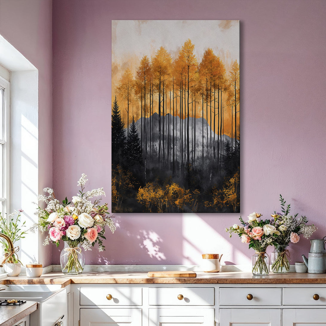 Framed Wall Art: Abstract forest scene in gold, black, and grey tones. Modern canvas print adds a touch of nature and elegance to any living room.