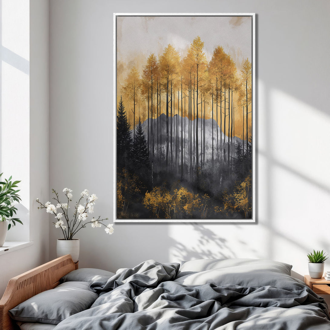Framed Wall Art: Abstract forest landscape with gold and black trees. Modern wall decor in a bedroom, featuring a neutral and warm color palette.
