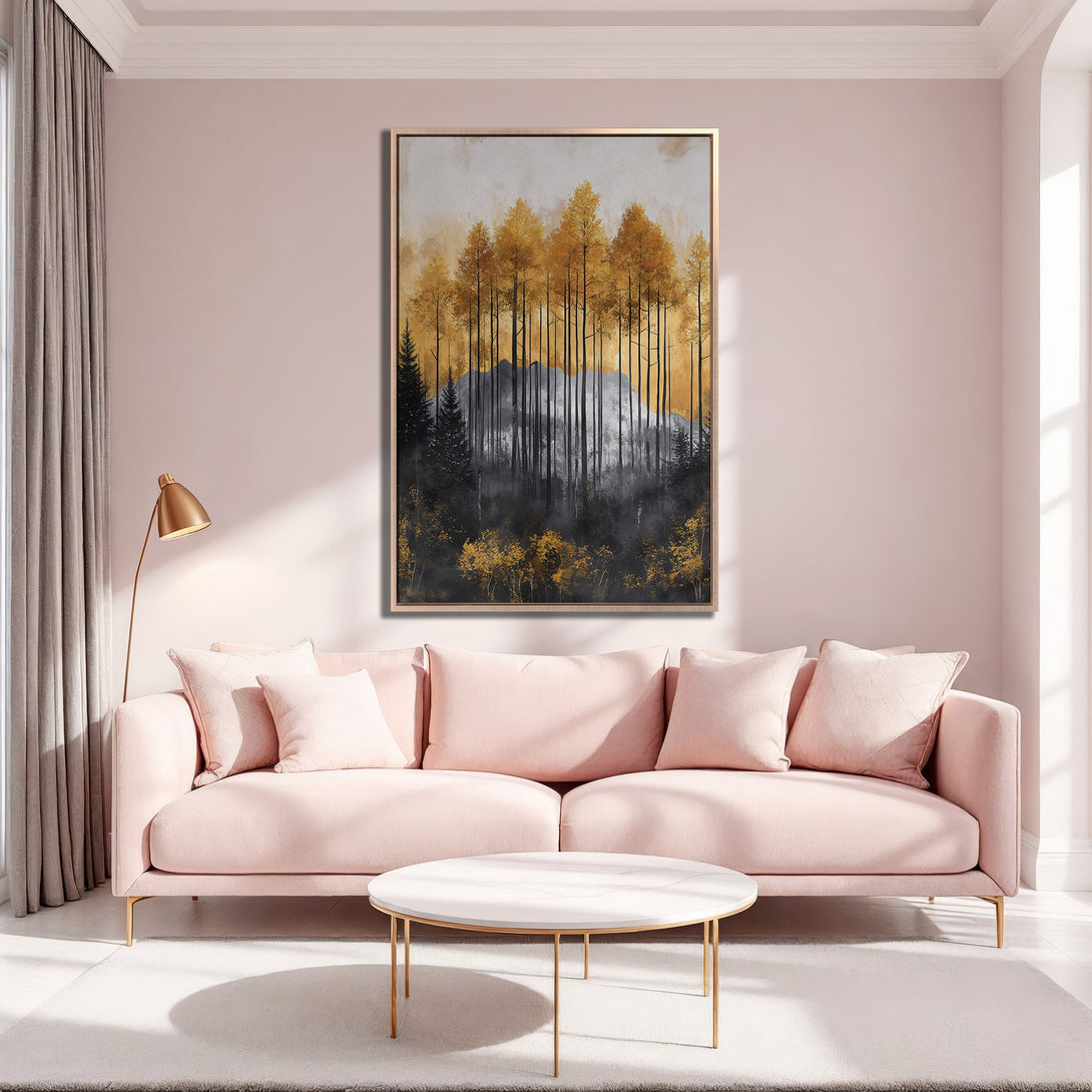 Framed Wall Art: Abstract forest scene in gold, black, and gray tones. Adds a touch of elegance to any space. Perfect for modern decor.