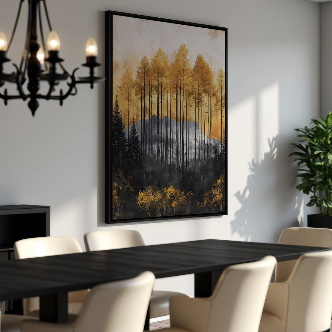 Framed Wall Art featuring a stunning forest scene in gold, black, and gray. Perfect for adding a touch of nature-inspired elegance to your space.