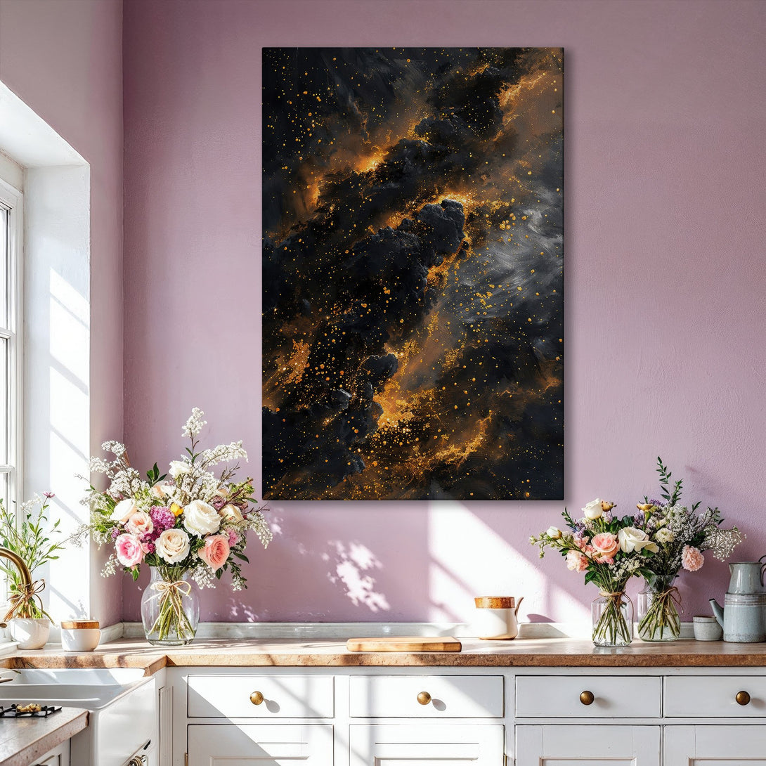 Framed Wall Art: Abstract galaxy art print in black, gold, and gray tones. Modern art canvas print perfect for living room decor.