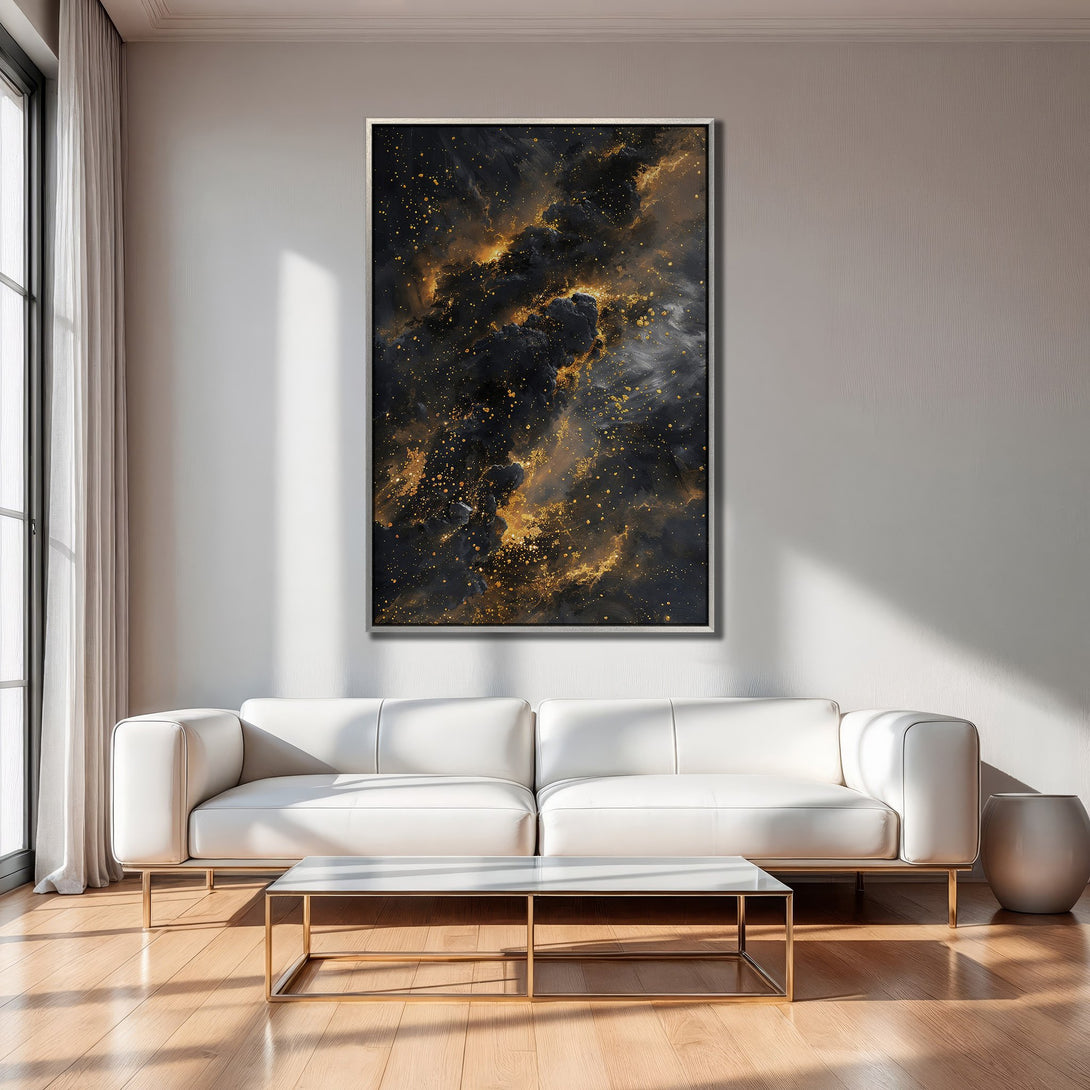 Framed Wall Art: Abstract black and gold canvas print, modern art in a luxurious interior. Perfect for adding a touch of elegance.