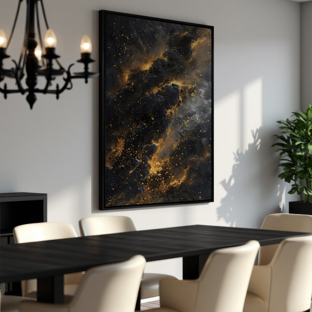 Framed Wall Art featuring an abstract black and gold galaxy design. Modern artwork with a dramatic color palette, perfect for dining room decor.