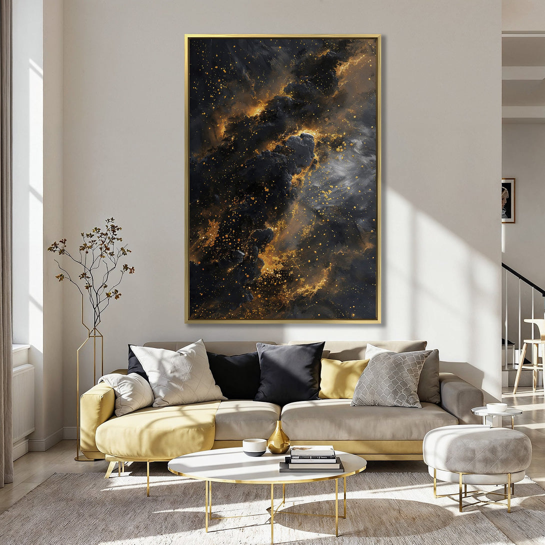 Canvas Print of abstract galaxy art in black and gold hues, adding a touch of celestial elegance to any space. Modern wall decor.