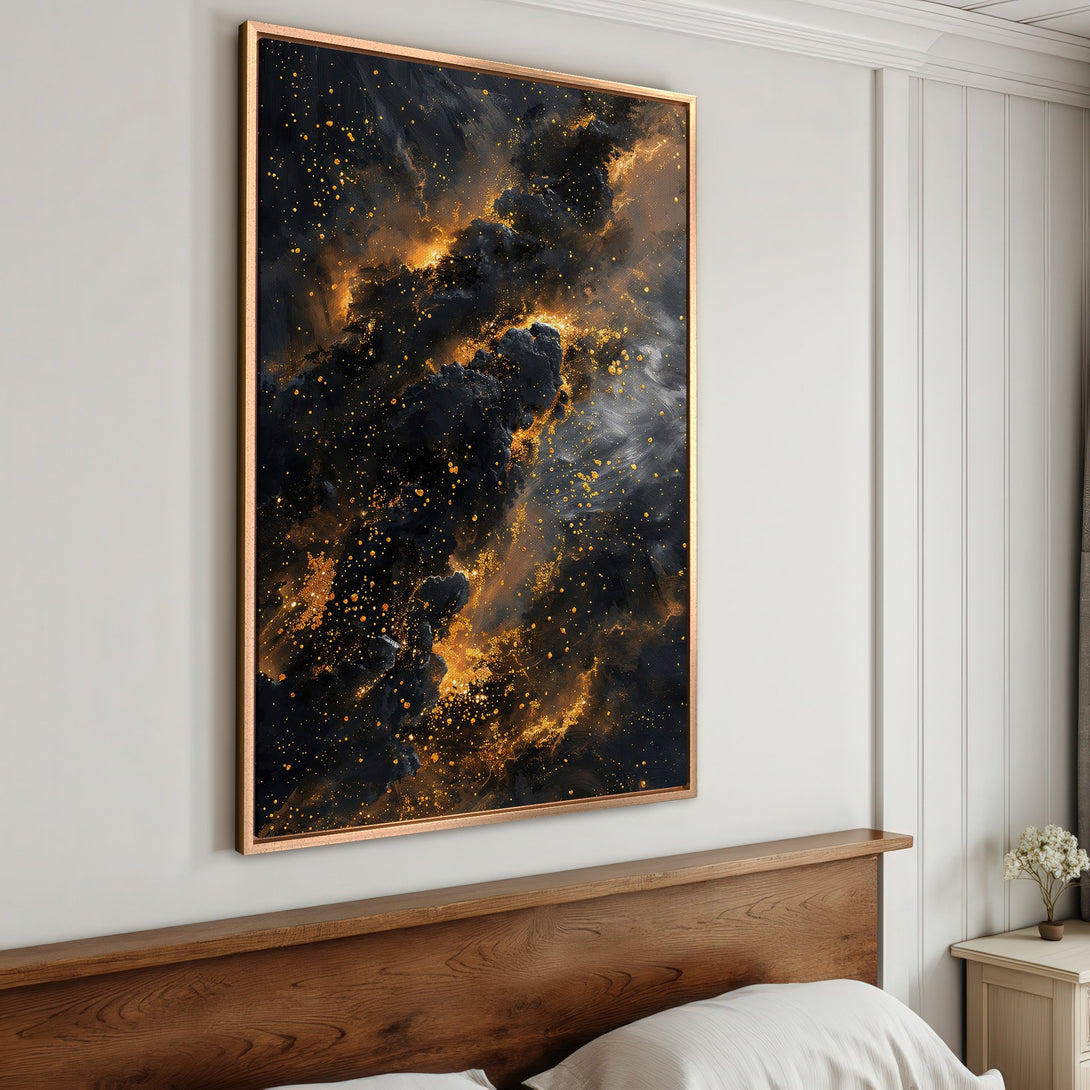 Framed Wall Art: Abstract gold and black canvas print. Modern art for bedroom decor. Dramatic, celestial style with a warm color palette.
