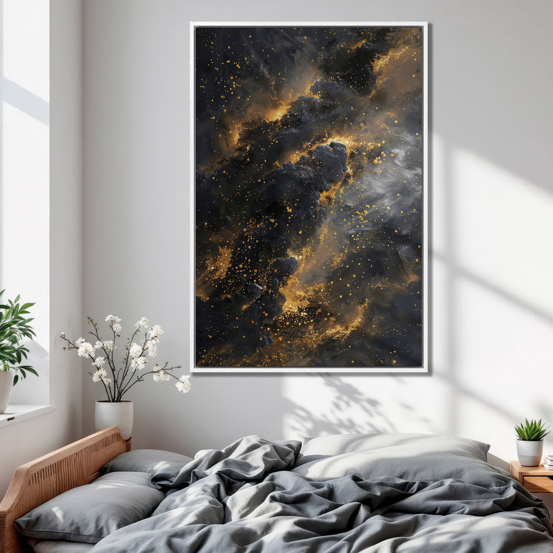 Framed Wall Art featuring an abstract galaxy design in black, gold, and grey, perfect for modern bedroom decor.