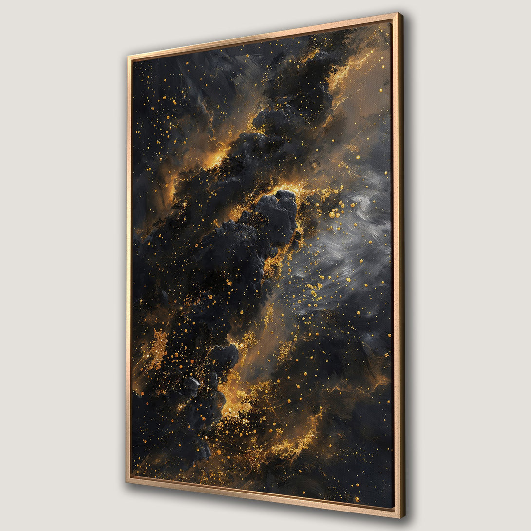 Framed Wall Art: Abstract black and gold canvas print. Dramatic, modern artwork with a dark, moody color palette for stylish home decor.