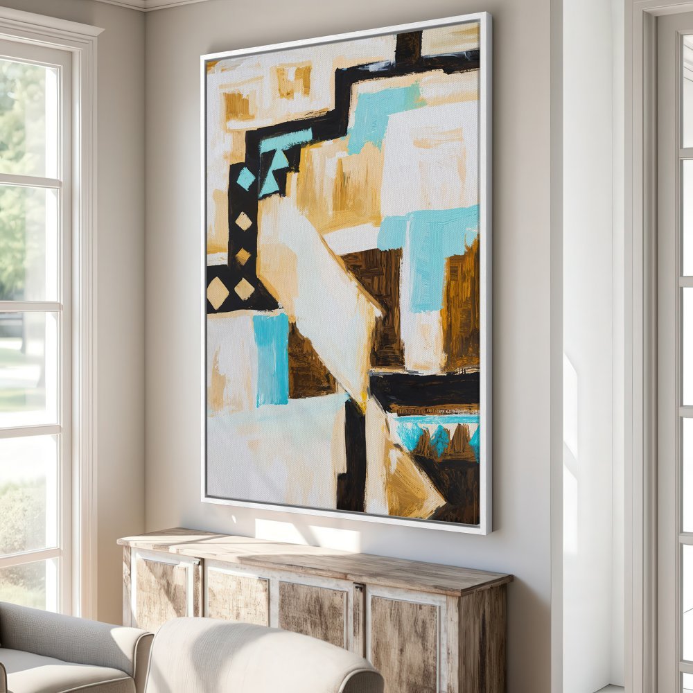 Abstract Canvas Print with geometric shapes in a warm, neutral color palette with pops of turquoise. Modern wall art for any room.