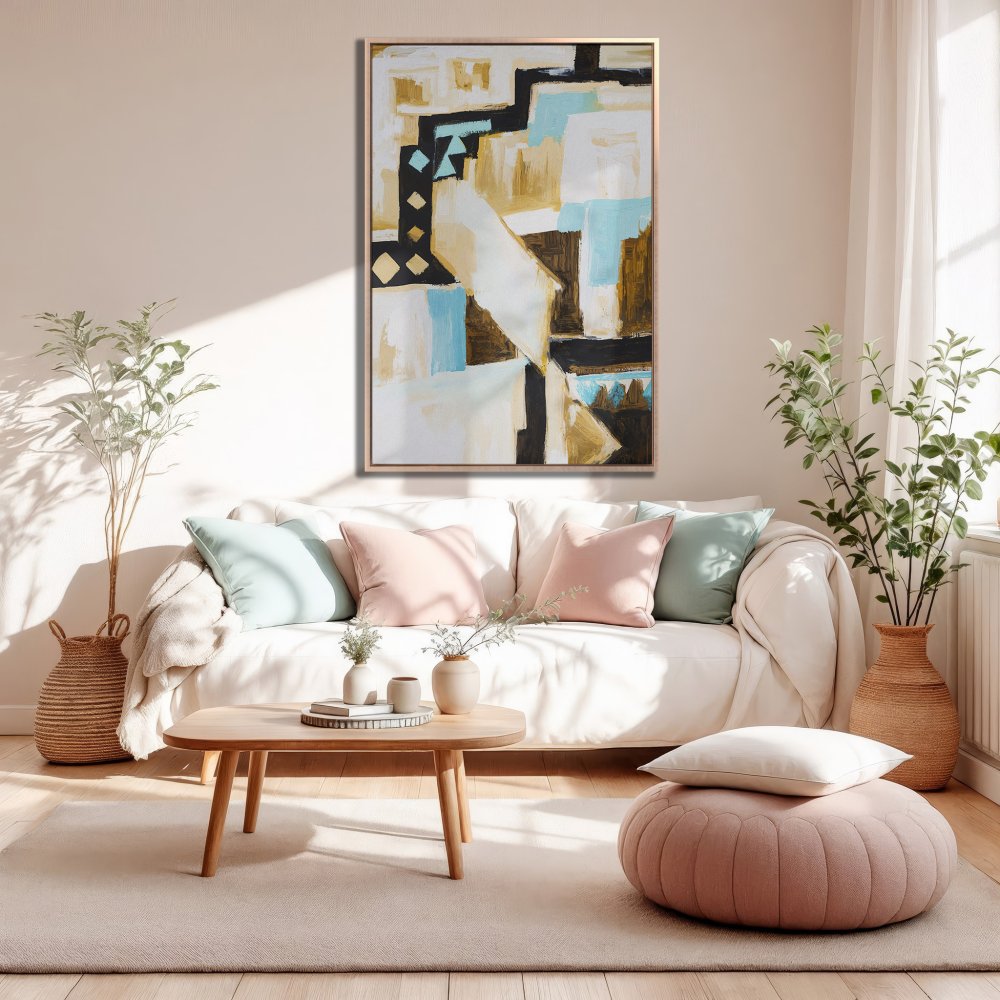 Abstract Canvas Print in neutral tones with blue accents. Modern art for living room decor.