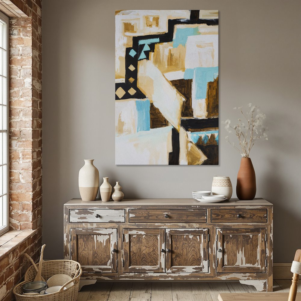 Framed Wall Art: Modern abstract Canvas Print with geometric shapes in gold, teal, and black. Perfect for adding style to your dining room.