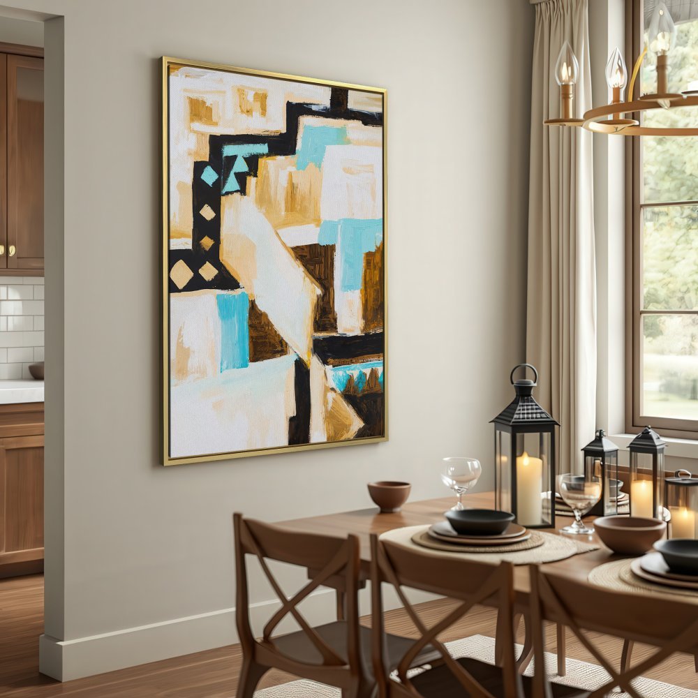 Abstract Canvas Print with geometric shapes, featuring a palette of blue, gold, and black. Modern wall art for your home!