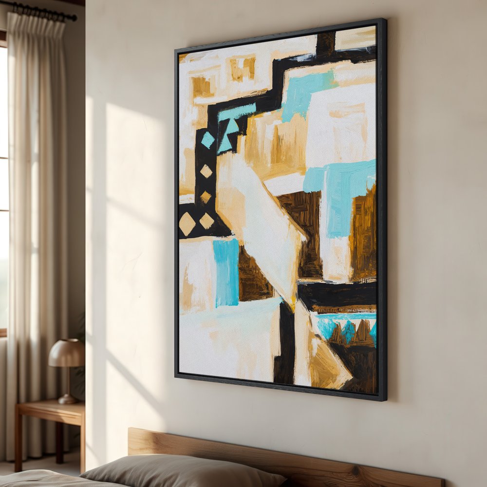 Framed Wall Art: Abstract geometric canvas print in a modern style with a palette of gold, teal, black, and white. Perfect for adding a pop of color!