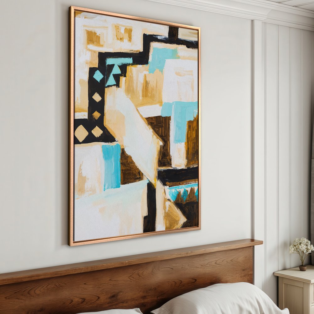 Framed Wall Art: Abstract art Canvas Print with geometric shapes in teal, gold, black, & white. Modern art for living room or bedroom decor.