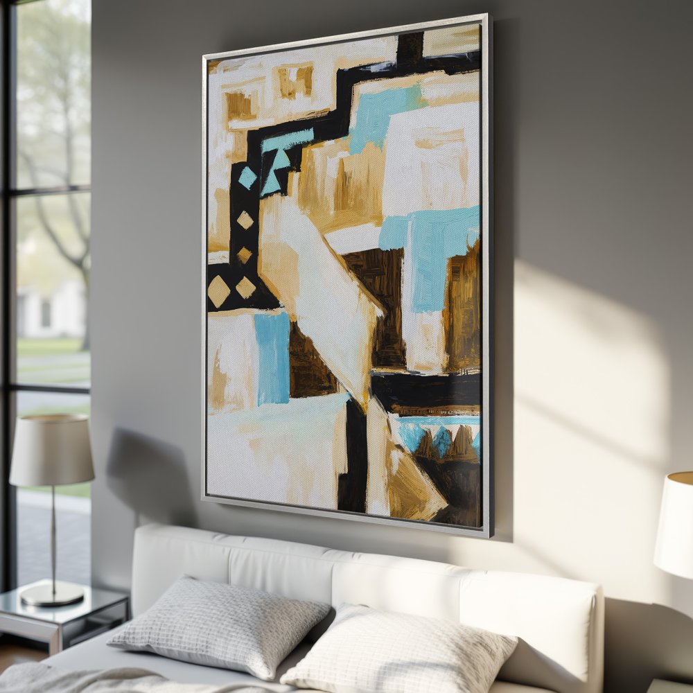 Framed Wall Art: Modern abstract painting with geometric shapes in a neutral color palette with pops of blue. Perfect for living room or bedroom decor.