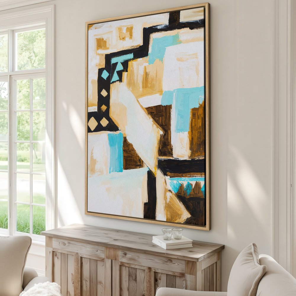 Abstract Canvas Print in a modern interior, featuring a geometric design with a warm, neutral palette and pops of turquoise.