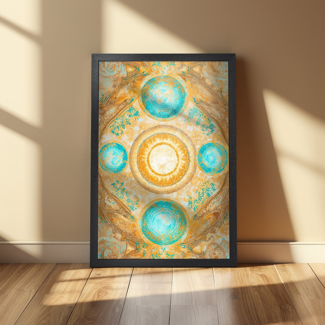 Framed Poster featuring abstract art in teal, gold, and orange. Perfect for adding a unique touch to any space!