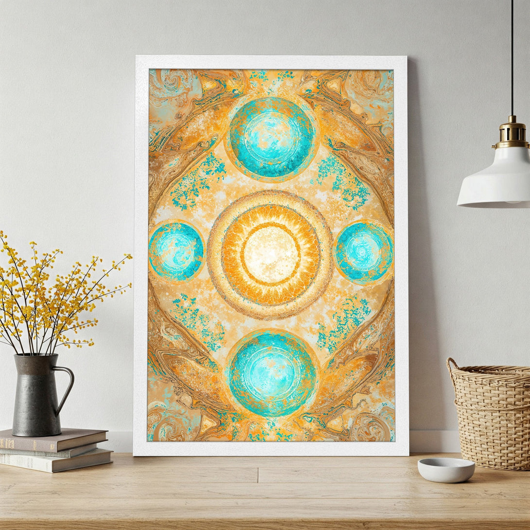 Framed Poster featuring abstract art with teal and gold tones. Enhance your home decor with this stylish wall art.