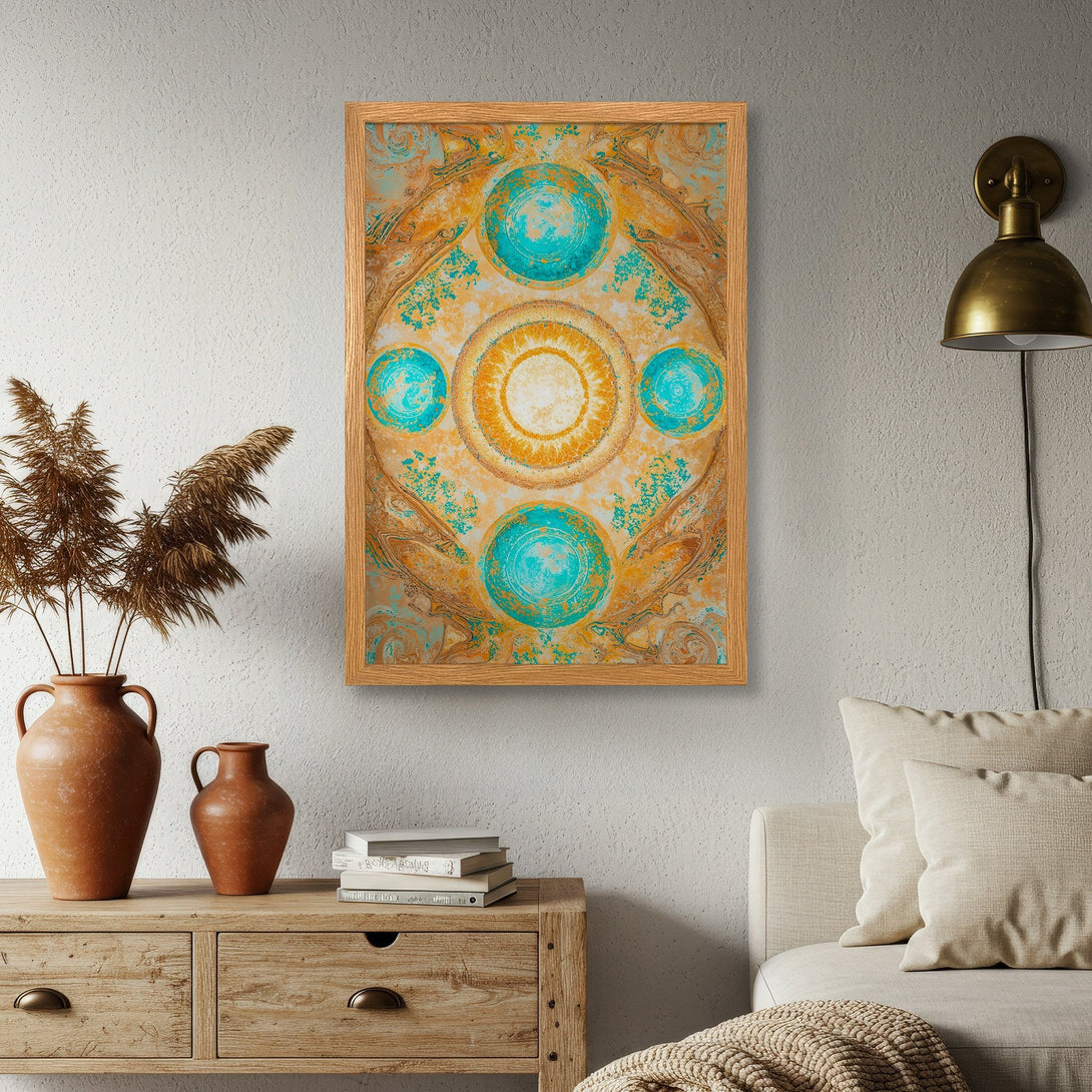 Framed Poster featuring abstract art in teal and gold. Enhance your space with this stylish, modern Poster!