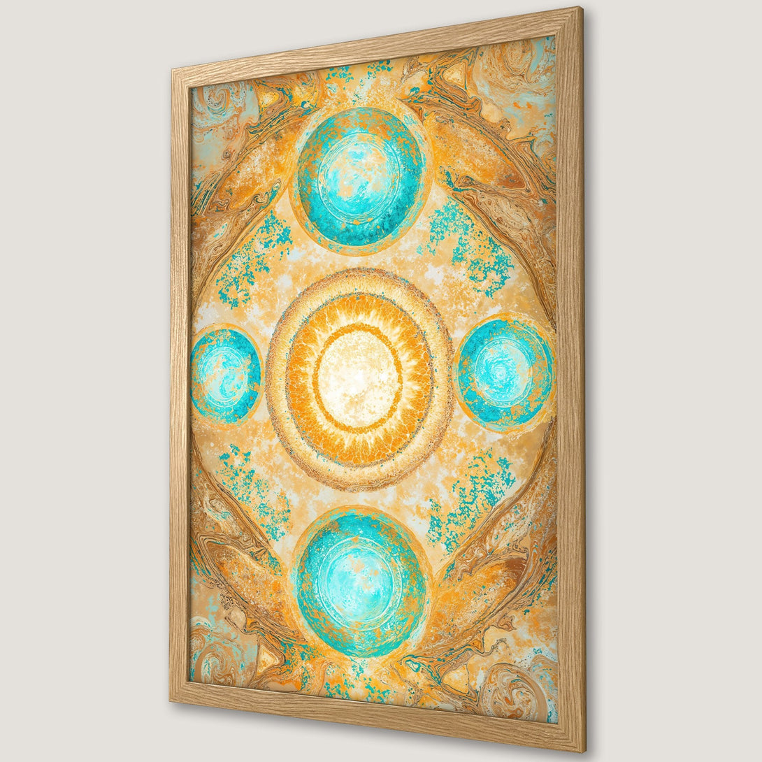 Framed Poster featuring abstract art with teal and gold colors. Modern wall art print for home decor.