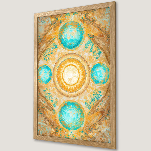Framed Poster featuring abstract art with teal and gold colors. Modern wall art print for home decor.