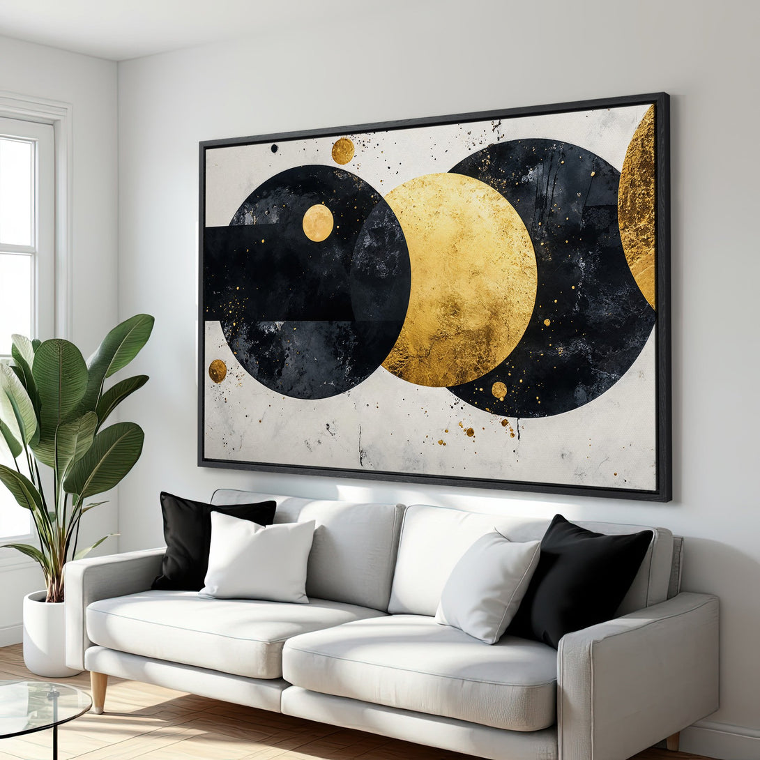 Framed Wall Art: Abstract geometric design in black, gold, and white. Modern canvas print adds a touch of luxury to any living room. Shop now!