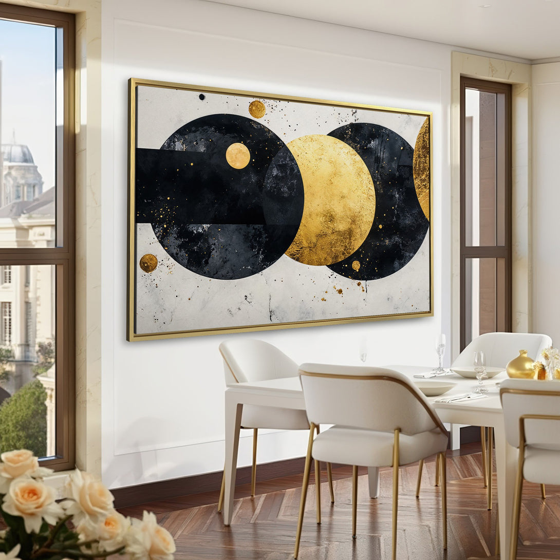 Abstract Canvas Print in gold, black, and white. Modern art style, perfect for home office decor.