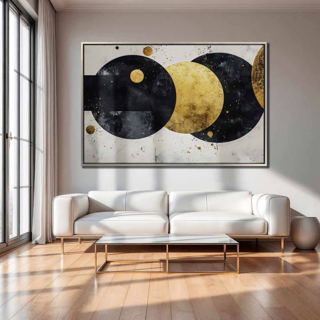 Framed Wall Art: Abstract circles in black, gold, and white. Modern canvas print adds luxury to any interior. Shop now for stunning wall decor!