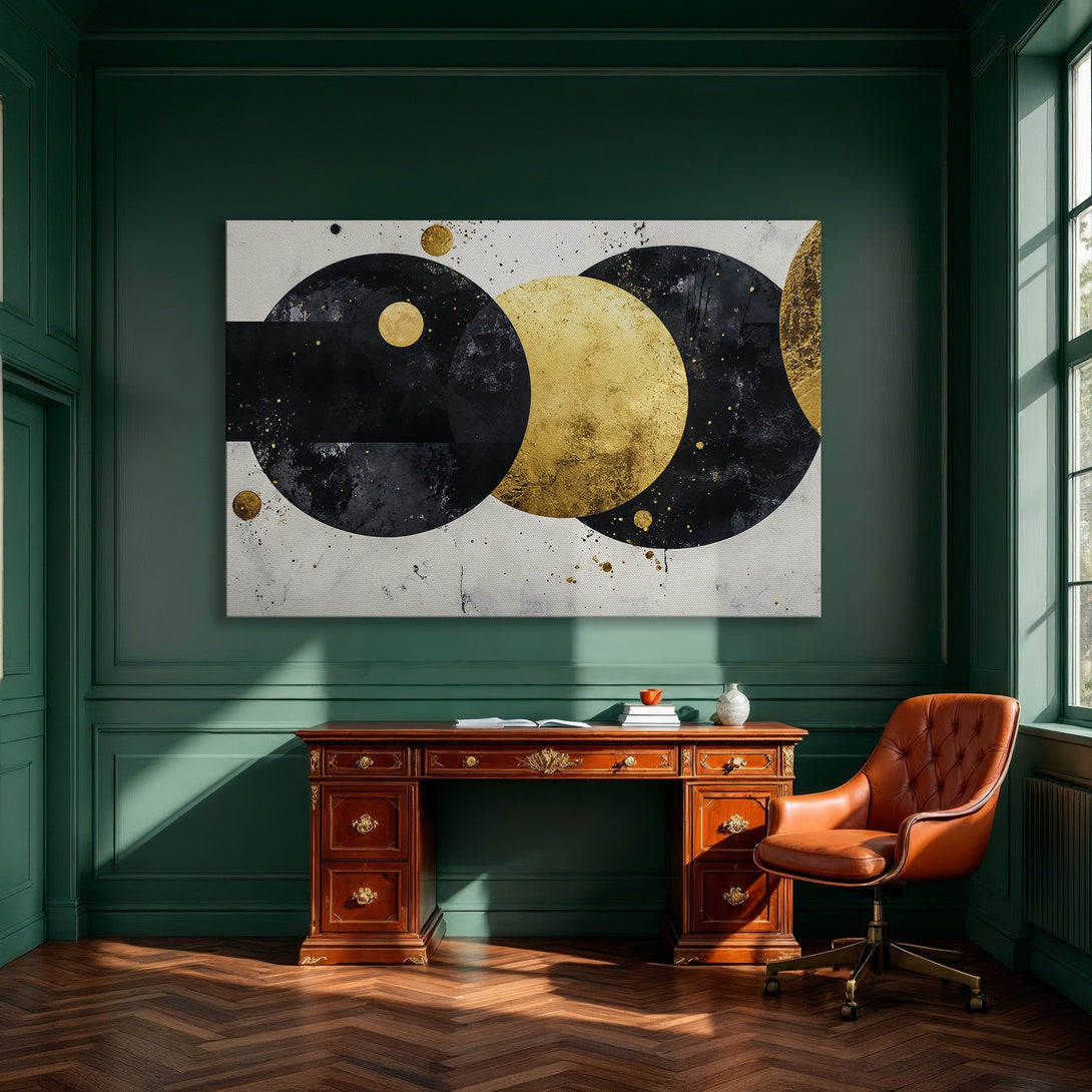 Framed Wall Art: Abstract black & gold art print. Modern style canvas print with gold frame, perfect for dining room decor.