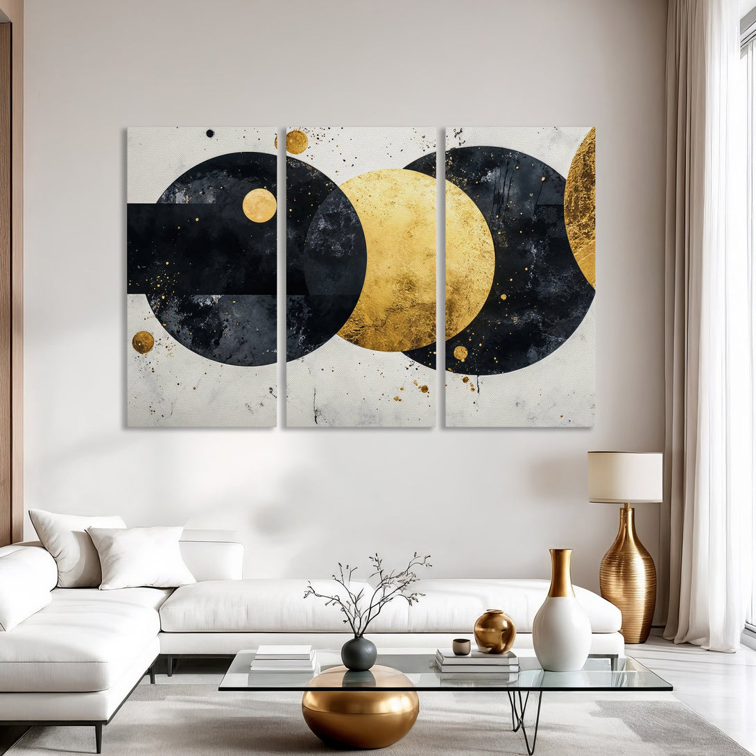 Abstract Canvas Print in black, gold, and white. Modern art for living room decor. Enhance your space with this stylish wall art.