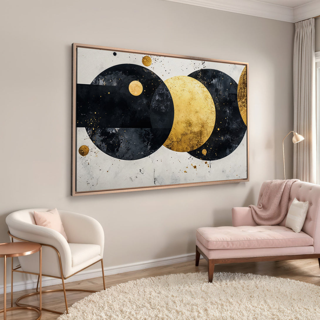 Framed Wall Art: Abstract gold and black circles Canvas Print in a modern interior. Elegant art with neutral and metallic tones. Perfect home decor.