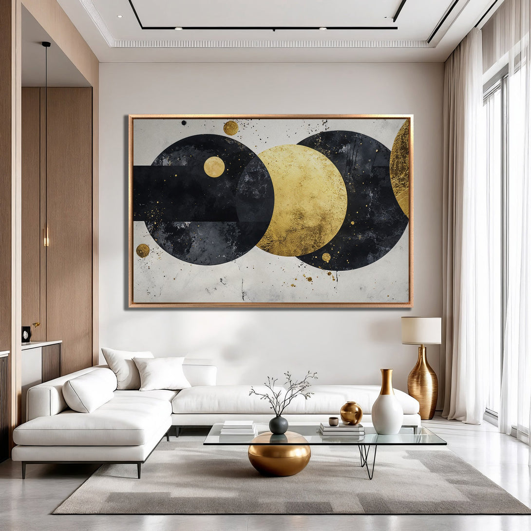Framed Wall Art: Abstract geometric art in black, gold, and gray. Modern canvas print adds a touch of luxury to any interior.