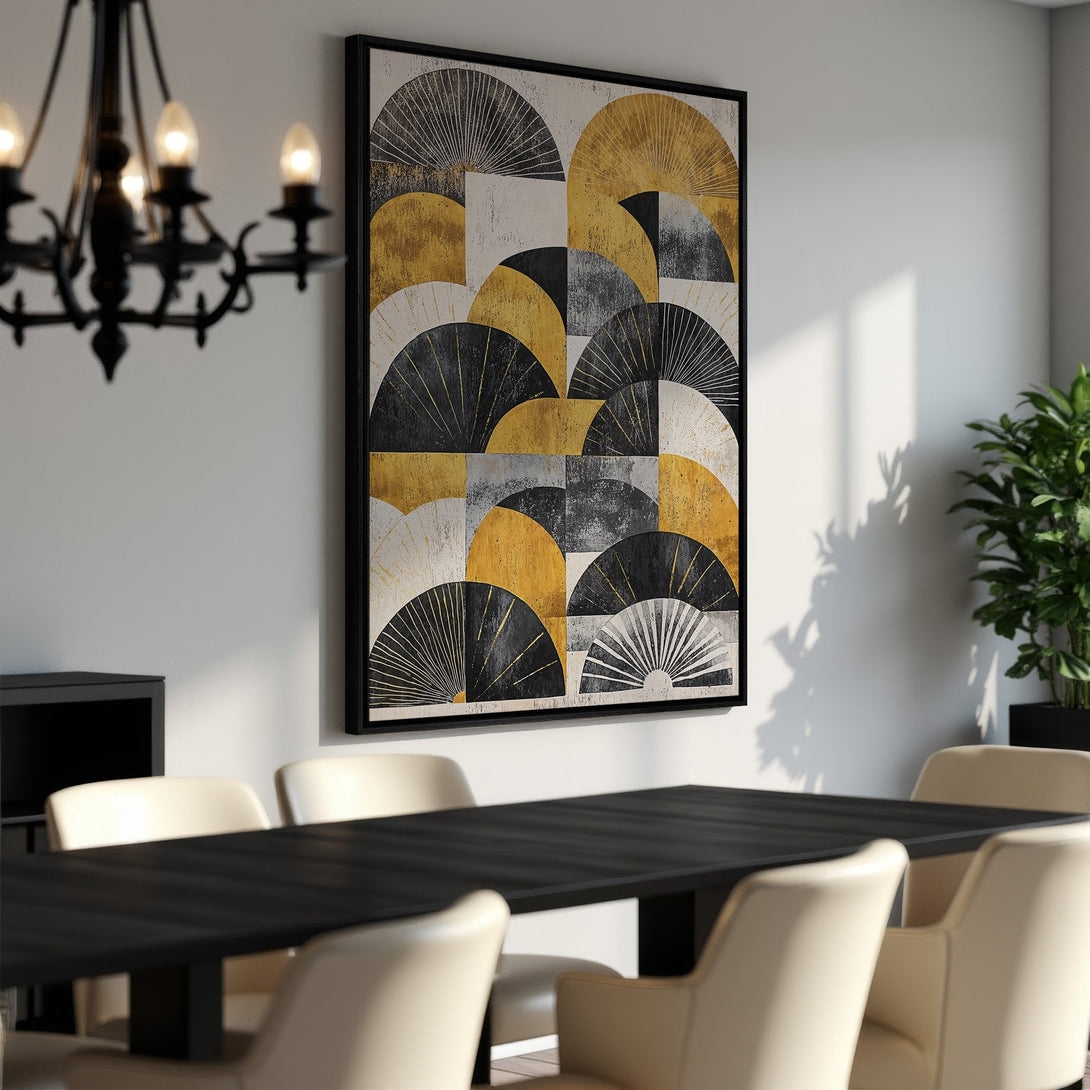 Framed Wall Art: Abstract geometric design in gold, black, and white. Modern art canvas print adds a stylish touch to any dining room.