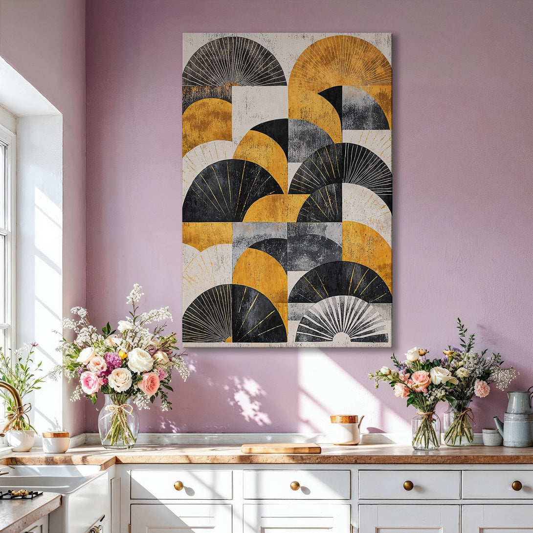 Framed Wall Art: Abstract gold, black, and white fan design. Modern art print adds a touch of elegance to any living room. Shop now!