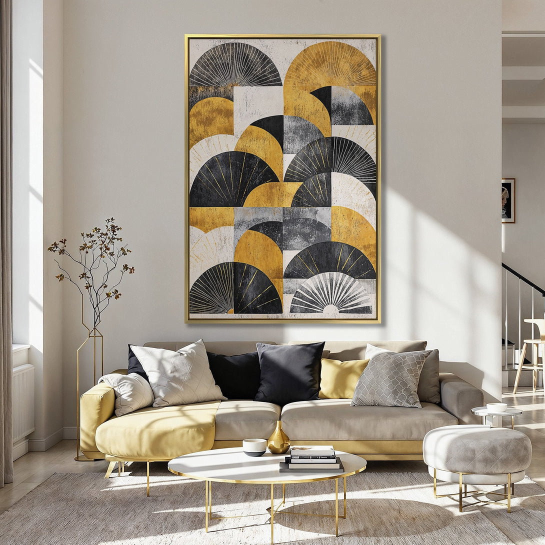 Abstract geometric Canvas Print with gold, black, and white fan shapes. Modern wall art for kitchen decor, adding a pop of color and style.