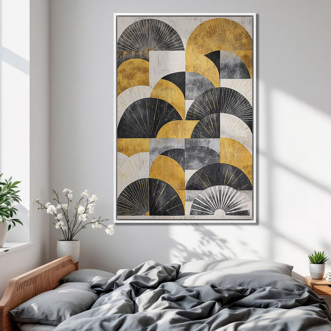 Framed Wall Art: Geometric fan design in gold, black, and gray. Modern abstract art to elevate your bedroom decor. Shop now!