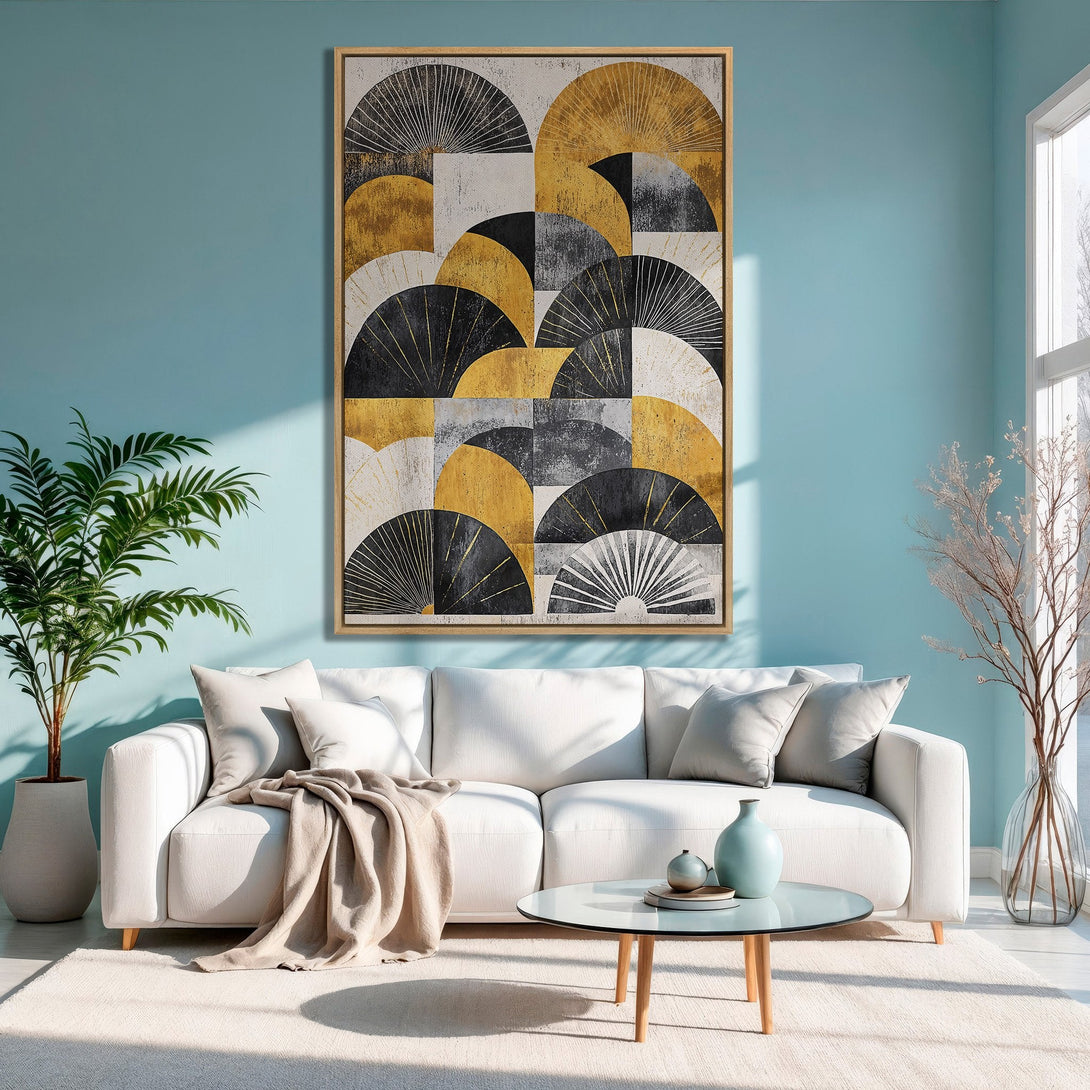 Framed Wall Art: Abstract geometric design in gold, black, and white. Modern art canvas print adds a touch of luxury to any living room.