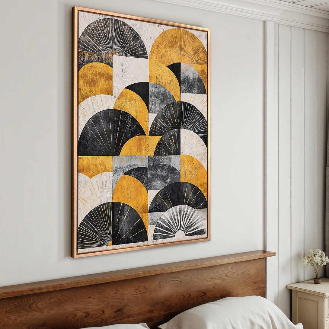 Framed Wall Art featuring a modern abstract geometric design in gold, black, and white. Perfect for adding a touch of elegance to any room.