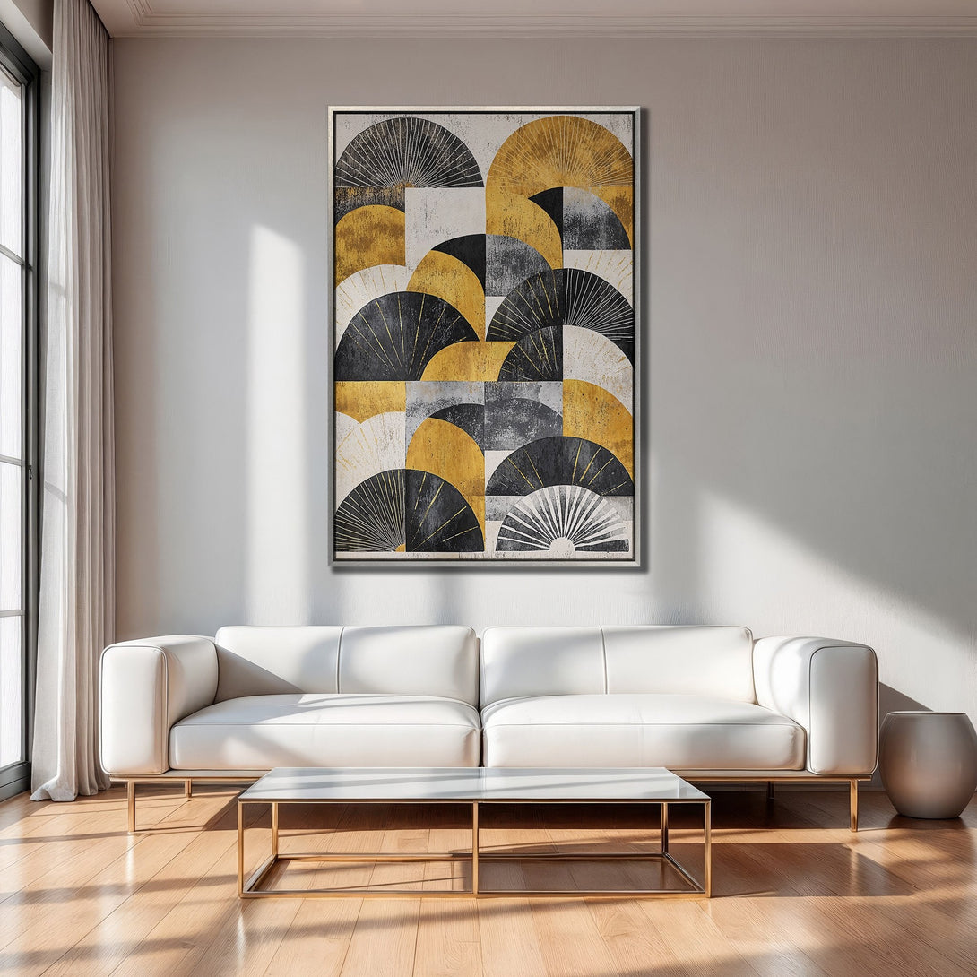 Framed Wall Art: Abstract geometric design in gold, black, and gray. Modern artwork adds a touch of elegance to any living space.
