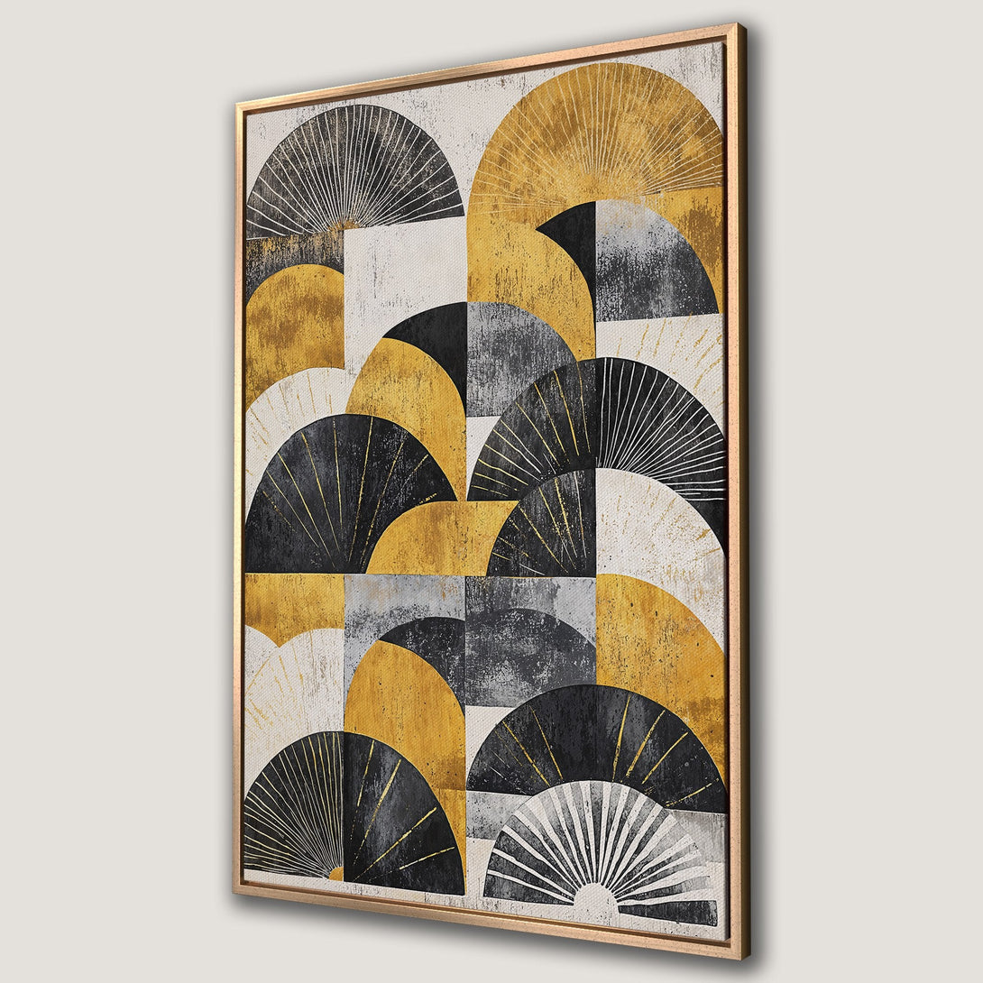 Framed Wall Art featuring an abstract geometric design in gold, black, and white. Modern art piece perfect for adding a touch of elegance to any space.