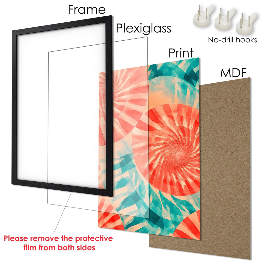 Framed Poster with abstract design in coral, teal, and peach. Modern art print for home decor. Easy to hang.